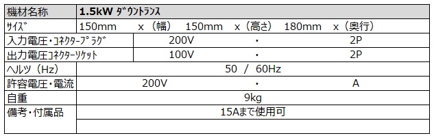 1.5kwダウントランス スペック詳細