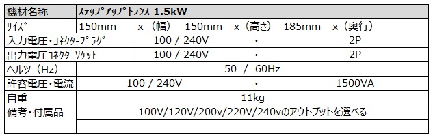 ステップアップトランス 1.5kw スペック詳細