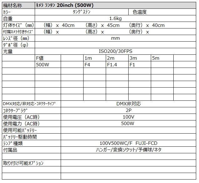 キメラ ランタン 20inch（500w） スペック詳細