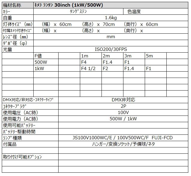キメラ ランタン 30inch（1kw/500w） スペック詳細